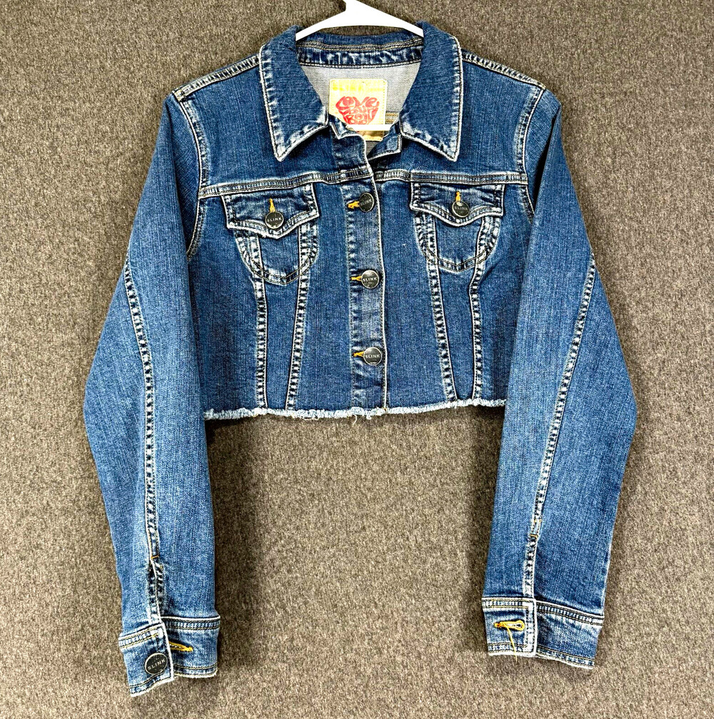 Slink Jeans Womens XS Cropped Denim Jacket Blue Raw Hem Long Sleeve Y2K